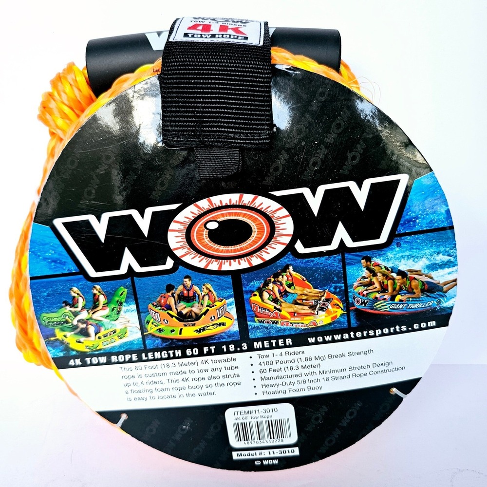 WOW 4K Tow Rope 60 Ft 11-3010 4 Rider 4100 lb Break Strength Orange Yellow